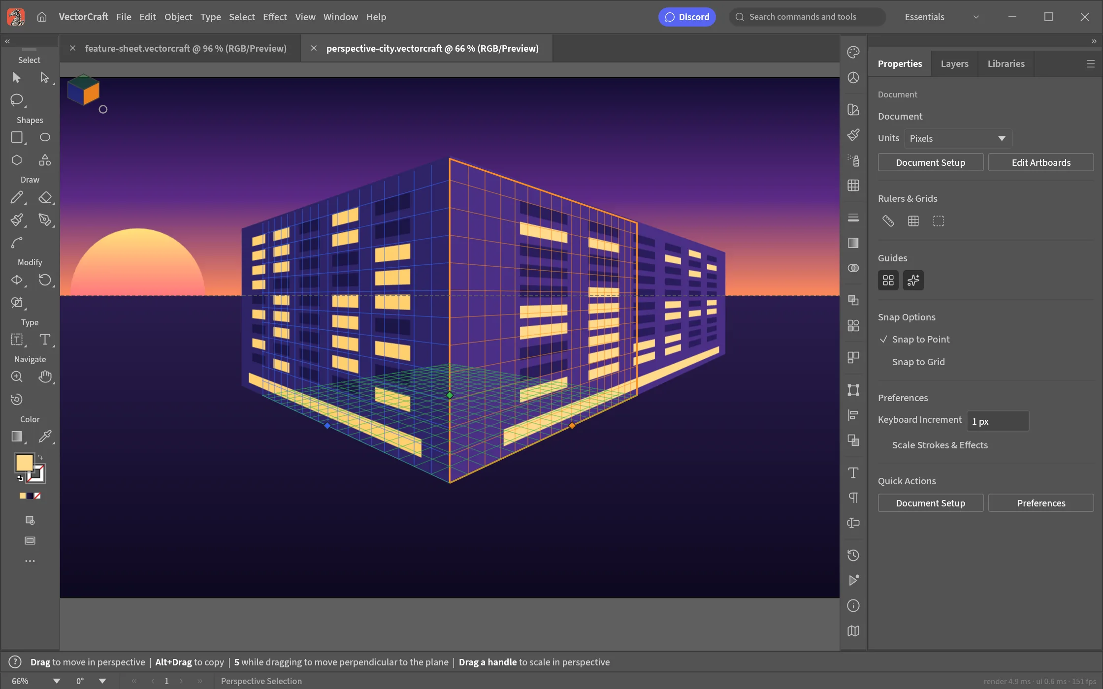 Two lit building facades drawn on the planes of a two-point perspective grid at sunset